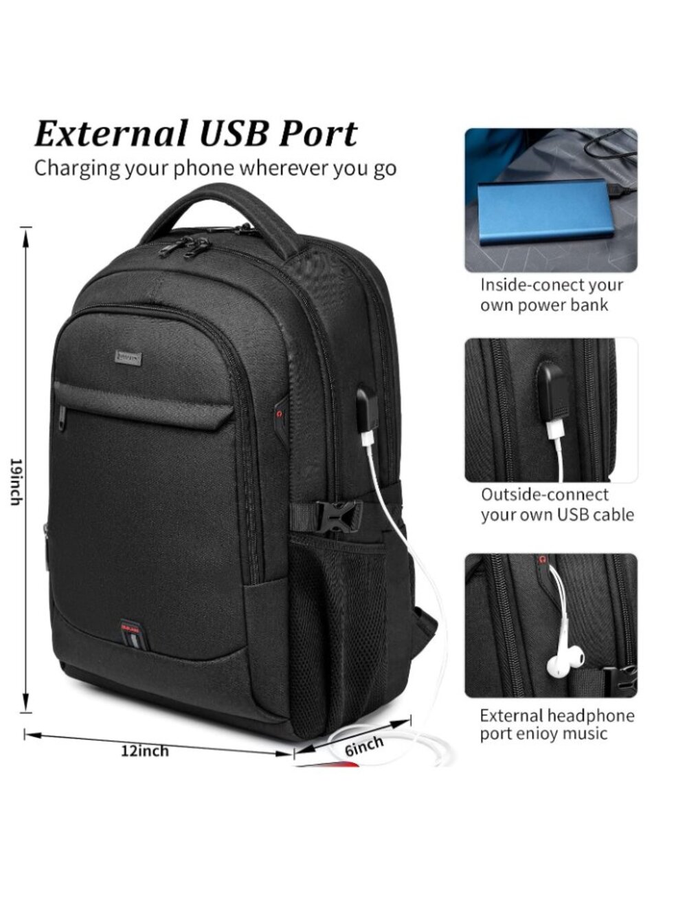 Backpack - Book and Laptop Bag USB Charging Port Black 17" - NEW NWT